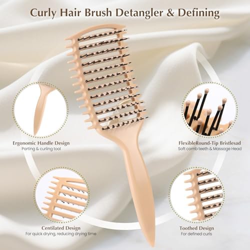 Curl Defining Brush, Vented Curly Hair Brush for Effortlessly Detangling Shaping and Defining Women's Men's Curls on All Wet or Dry Hair Types, Reduces Frizz (Beige) - Image 2