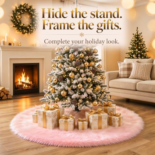 59 Inch Pink Christmas Tree Skirt, Soft Faux Wool Round Base Cover - Image 6