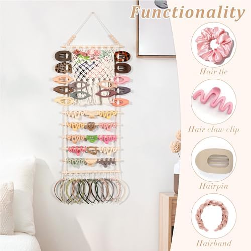 SNOWSTAR Macrame Hair Claw Clip Organizer,Large Capacity Mesh Bag Scrunchies Holder and Hair Ties Organizer for Women Girls,Hair Accessorie Hanging Storage Home Decor Wall,Door - Image 5