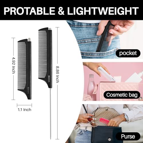 RHOS Carbon Retractable Rat Tail Comb for Parting and Styling, Hair Cutting and Braiding - Stainless Steel Pin Tail Comb, Black - Image 3