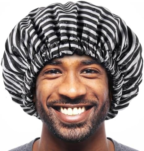 Shower Cap for Men Black Bath Cap, Reversible Terry Lined Large Waterproof Adjustable Shower Caps Elastic Band Stretch Hem Hair Hat for braids - Image 7