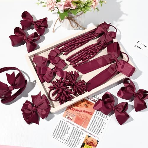 DEEKA Burgundy School Hair Accessories Set 13 Pcs Uniform Hair Bow Headband Clips Hair Ties Curly Korker Bows for Little Toddler School Girls (Burgundy) - Image 7