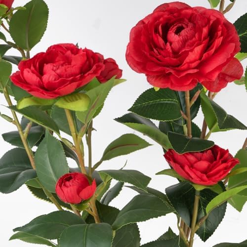 Artificial Camellia Tree 2 Pack, 3FT Faux Camellia Plant in Pot, 36 inch Fake Potted Camellia Flower Tree Plastic Camellia Tree for Modern Home Office Christmas Living Room Floor Decor Indoor, Red - Image 6