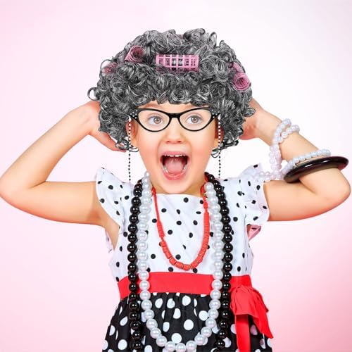 AOTHSO 6 Pieces Old Lady Wig Costume Set Grandma Wig with Cap Cane Pearl Necklace Bracelet for 100 Days of School Halloween - Image 6