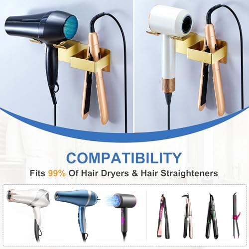 Hair Dryer Holder Wall Mounted, Hair Straightener Holder Metal, Adhesive Blow Dryer and Hair Straightener Holder, Bathroom Bedroom Hair Tool Organizer for Flat Iron,Curling Iron,Hairdryer (Gold) - Image 7