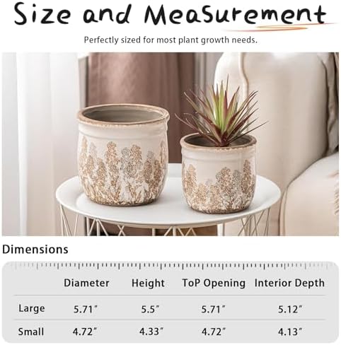 Ceramic Plant Pots Set of 2, 4.7+5.7 Inch Vintage Indoor Planters with Drainage Hole, Farmhouse Ceramic Flower Pots for Indoor Plants, Rustic Cottage Decor for Home Kitchen Garden, Brown - Image 3