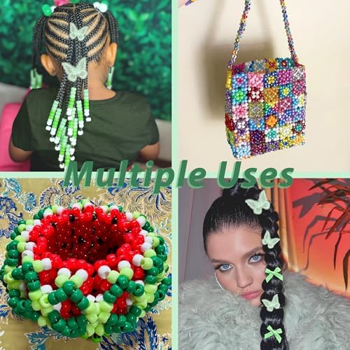100PCS Hair Beads Green Mini Bow Clips Lace Embroidery Butterfly Hair Clips Acrylic Gradient Pony Beads Cute Loc Hair Accessories for Girls Kids - Image 3