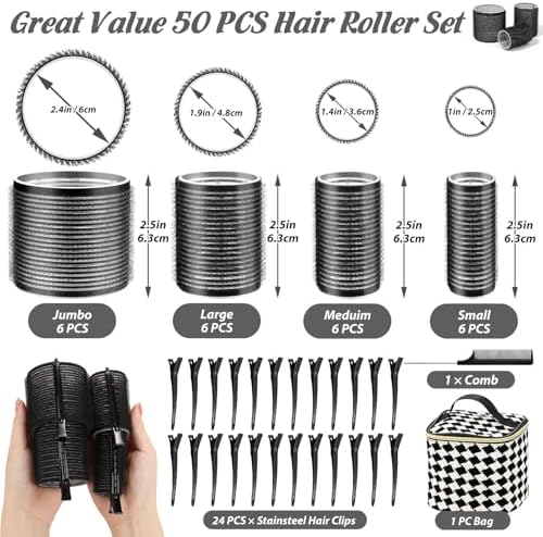 50Pcs Rollers Hair Curlers Self Grip Hair Rollers Set with 24Pcs Hair Rollers in 4 Sizes, 24 Pcs Clips and Cosmetic Bag for Blowout Look Long Medium Thick Hair Volume - Image 4