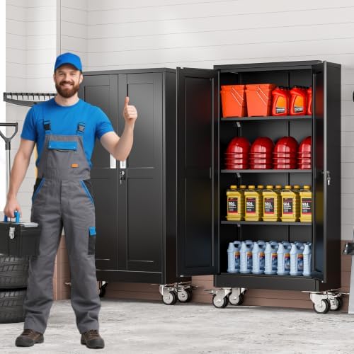 45.6" Metal Garage Storage Cabinet with Wheels and Locking Doors and Tall Rolling Steel Tool Cabinet with 3 Adjustable Shelves for Garage,Home,Office,Shop (Black, 45.6''H x 23.7''W x11.8''D) - Image 5