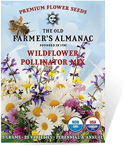 The Old Farmer's Almanac Premium Wildflower Seeds 23 Variety Pollinator Mix - Non-GMO, Open Pollinated - Columbine Cosmos Foxglove Larkspur Poppy Snapdragon Zinnia - Attracts Butterflies Bees Birds by TheOldFarmersAlmanac
