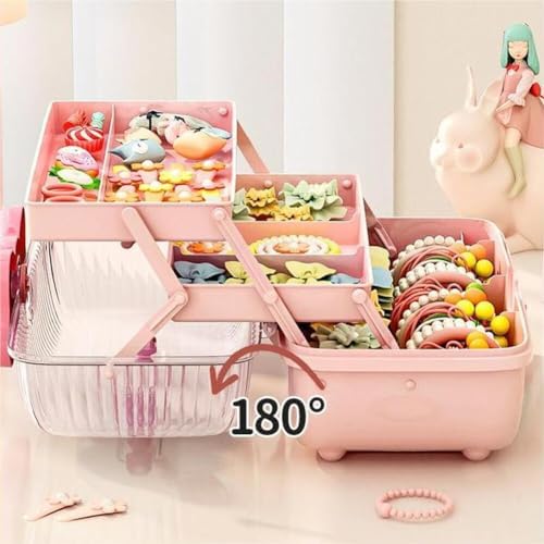 3-Layer Kids Hair Accessories Organizer with Bowknot Lock Cute Jewelry Box Headband Hair Tie Clip Organizer Box for Little Girls - Pink - Image 5