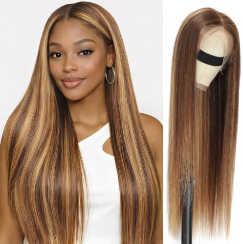 ALHER Small Cap Lace Front Wigs Human Hair 30 IN #4/27 Honey Blonde Highlight Straight 13X4 Lace Frontal Wig With Baby Hair 200% Density, Small Cap 21-21.5 Balayage Piano Colored Wig for Black Women by ALHERHumanHairWigsBundles