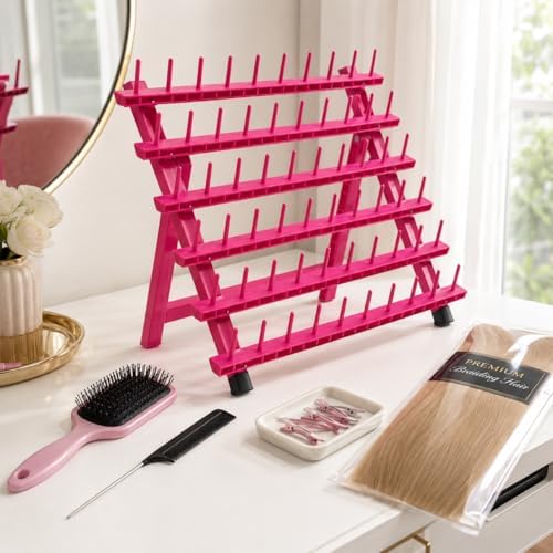 60-Peg Braiding Hair Rack, Foldable Hair Extension Holder with Tools, Rose Red - Image 7