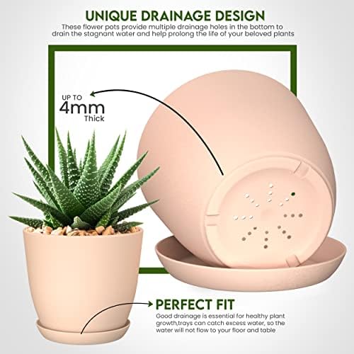 Plant Pots Indoor with Drainage, 5 Pack Multi-Size Planters Set, Pink - Image 5