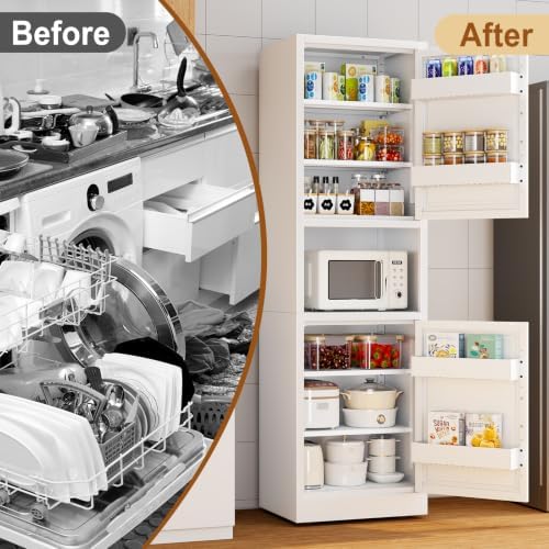 Tall Metal Narrow Storage Cabinet 67" H with 4 Adjustable Shelves and 2 Doors, White Pantry Cabinets with 4 Door Storage Compartment,Tall Bathroom Cabinet for Kitchen, Home Office, Living Dining Room - Image 7