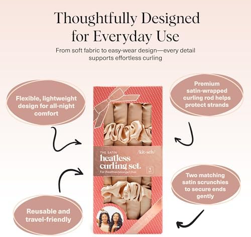 Kitsch Satin Heatless Hair Curler Set - Heatless Curls Overnight, Hair Rollers for Soft Curls & Frizz-Free Styling, No Heat Curlers To Sleep in, Curling Rod Headband with 2 Scrunchies - Champagne - Image 4