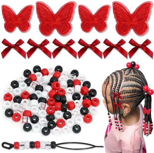 100PCS Hair Beads for Braids Coquette Red Bow Hair Clips Embroidery Butterfly Hair Clips Black Loc Dreadlock Beads Cute Hair Decoration for Girls Women by Arocooy