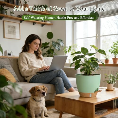 Self Watering Pots with Drainage Holes, 2 Pack 10 Inch Plant Pots with Water Level Indicator Deep Reservoir, Large Plastic Planter for Indoor Outdoor Plants - Green - Image 5
