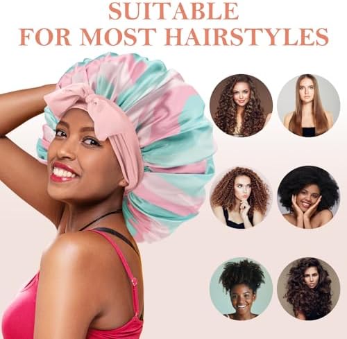 3Pcs Bonnets for Sleeping, Extra Satin Silk Bonnet for Sleeping Women with Tie Band for Curly Hair Jumbo Bonnet Braids - Image 5