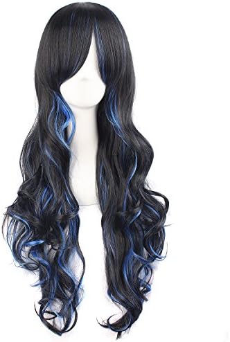 MapofBeauty Lolita Long Curly Clip on Ponytails Cosplay Wig, Black/Blue - Image 5