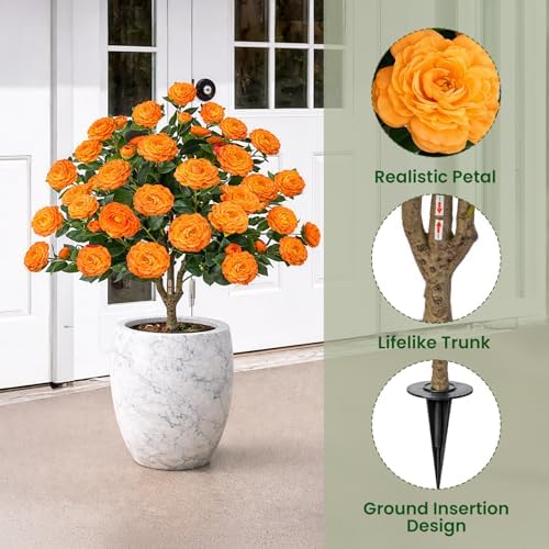 2 Pack 3FT Artificial Camellia Tree with Ground Spike, Full Bloom Fake Camellia Plant Outdoor, Dense Flower Artificial Trees for Front Porch Decor, Patio Garden Yard Decorations, Orange - Image 6