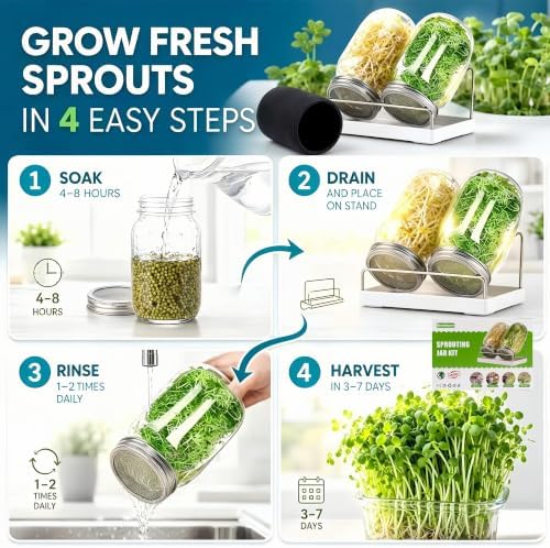 Premium Sprouting Jar Kit 2-Large Wide Mouth Mason Jar with Sprouting Lids - Image 4