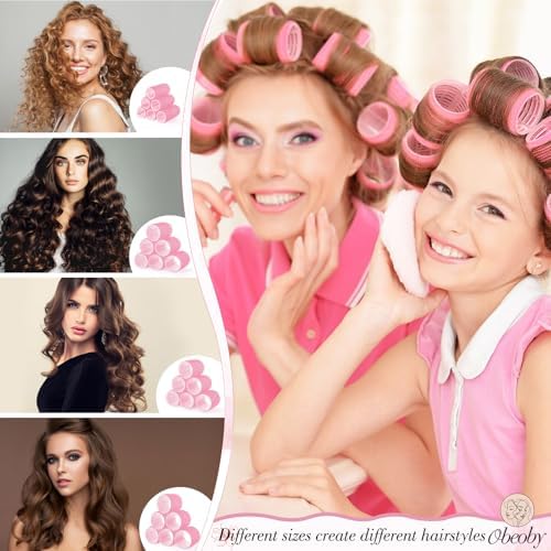 4 Sizes Self-Grip Hair Rollers Set for Long, Short Hair and Bangs - 50 Pcs with Clips (25mm, 36mm, 48mm, 60mm), Pink - Image 3