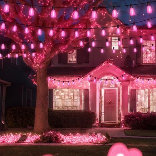 LAMPHOME 2-Pack 26Ft ST38 Pink Valentine's Day Patio Lights ，Outdoor String Lights with 12+1 ST38 Edison Bulbs, Shatterproof LED Lights for Outside Bistro Christmas Wedding Party Decorations - Image 3