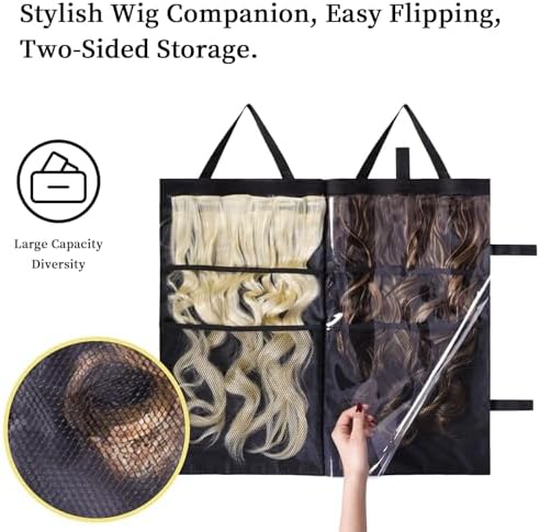 Travel-Friendly Halo Hair Extensions Holder Bag - Lightweight, Easy Fold, PVC Film And Fine Lining Prevents Wig Frizzy, Portable Wig Storage Hanger for Multiple Hairpieces (Black) - Image 3