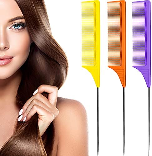 Leinuosen 3 Pack Rat Tail Comb Carbon Fiber,Purple, Orange, Yellow by Leinuosen