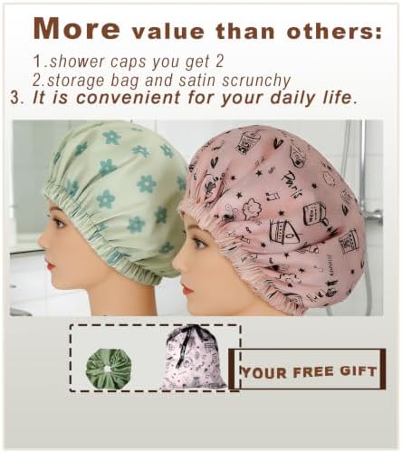 Genergy 2Pcs Satin Lined Large Shower Cap for Women Set with Bag & Scrunchy - Image 6