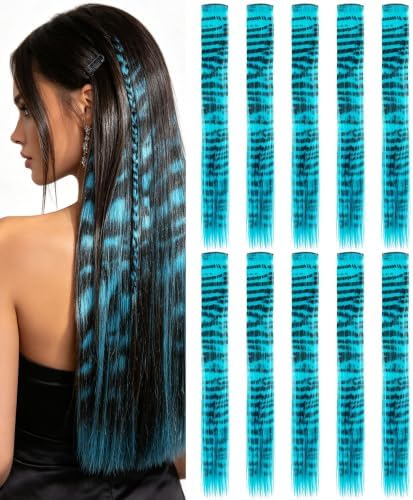 10 Pcs Sky Blue Hair Extensions,Raccoon Tail Striped Hair Accessories 22 In by Olldag