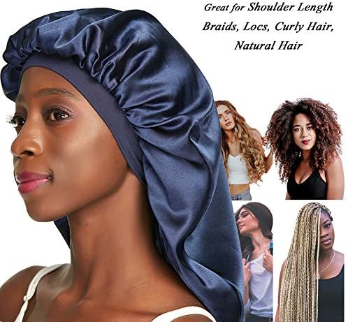 Double Layer Satin Bonnet for Curly Hair Long Bonnet for Braids Medium Navy - Image 2
