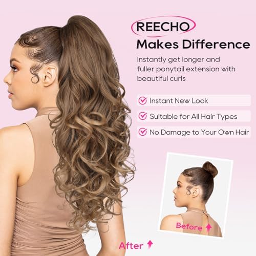REECHO Ponytail Extension, 24" Claw Clip in Long Curly Wavy Ponytail Hair Extension Jaw Clip on Pony Tails Hairpiece for Women - Chestnut Brown with Golden Highlights - Image 4