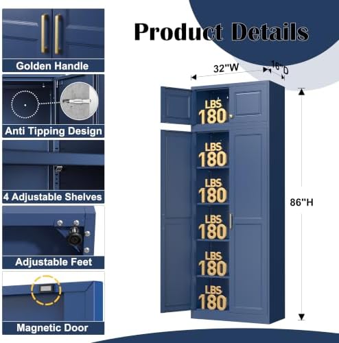 Steeloong 86"Metal Pantry Storage Cabinet with Doors & 4 Adjustable Shelves - Image 3