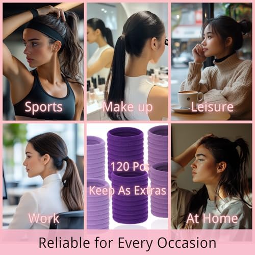 LuSeren 120 Pcs Purple Hair Ties for Women, No Damage Soft Seamless Nylon Hair Elastics for Thick Hair, Ponytail Holders, 3 Gradient Purple Hair Accessories - Image 6