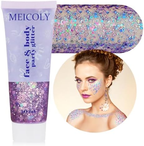 MEICOLY Chameleon Purple Hair Glitter,Holographic Chunky Game Day Spirit Wear Face Glitter,Halloween Accessories for Women,Self-Adhesive Color Changing Mermaid Body Glitter by MEICOLY