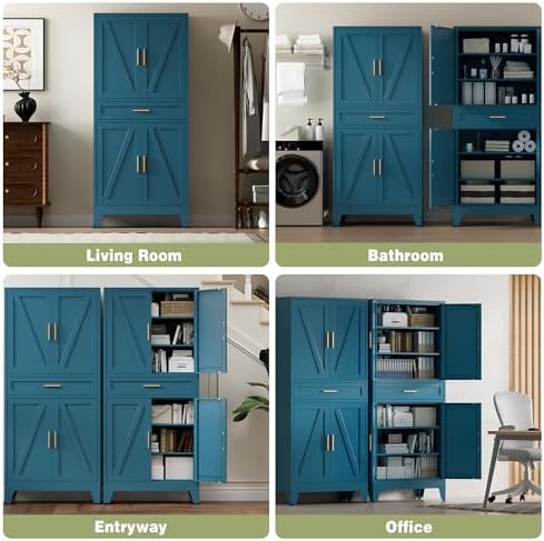 COFaR Farmhouse Storage Kitchen Pantry Cabinet with 4 Barn Door, 4 Adjustable Shelves, Drawer and Legs, for Cupboard/Dining Room/Bathroom/Living Room/Office/Laundry Room(Blue Green, 71" Metal Cabinet) - Image 4