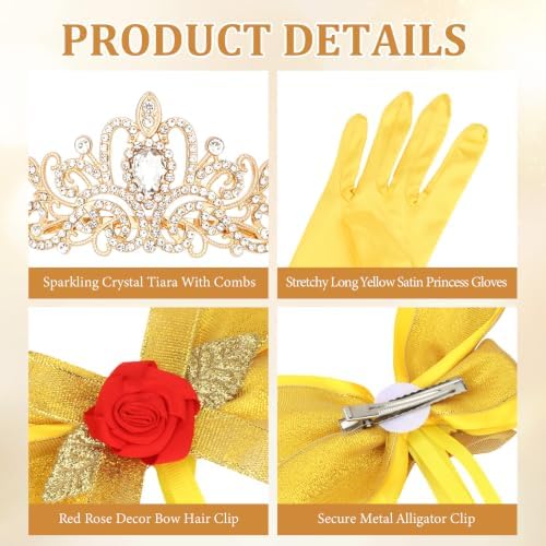Princess Costume Accessories Crown Rose Hair Bow Yellow Gloves Kit - Image 3