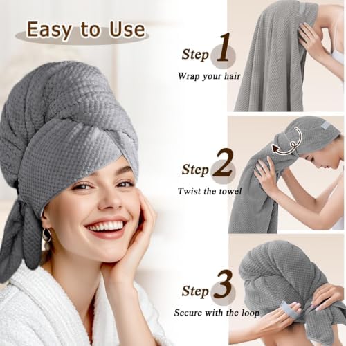 Large Microfiber Hair Wrap Towel for Women, Quick-Dry & Absorbent (Grey) - Image 5