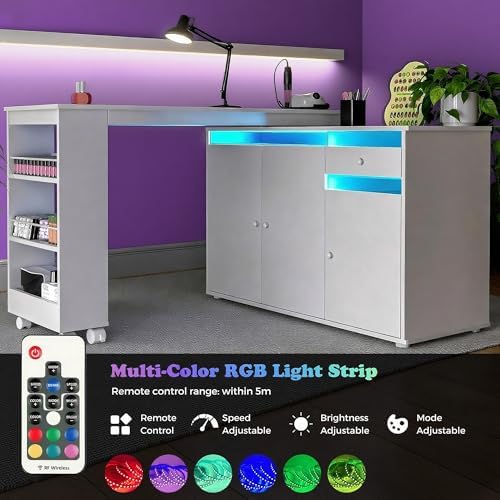 L-Shaped Manicure Table with Large Storage & LED Light (White) - Image 5