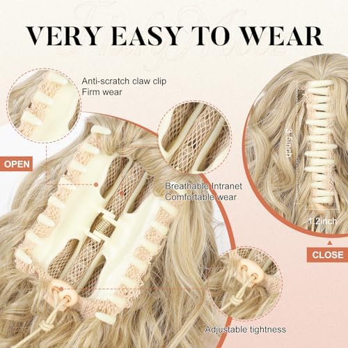Flufymooz Ponytail Extension, 12" Short Claw Ponytail Extension Wavy Curly Jaw Clip in Pony tails Hair Extension Natural Synthetic Hairpiece for Women (Cool Blonde) - Image 4