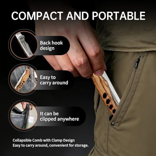 1PC Wood Beard Comb for Men - Zebrawood & Secure Lock & Pocket clip, 0.12lb - Image 5