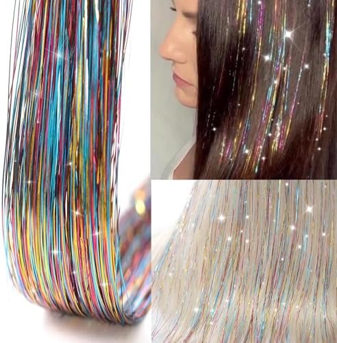 Hair Tinsel 12Pcs Clip in Rainbow Hair Accessories 20.5 Inch Fairy Hair Tinsel Kit for Women Girls Glitter Extensions for Christmas Halloween New Year Party (Rainbow) - Image 2