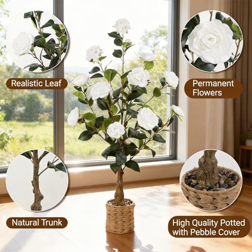 Artificial Camellia Tree 2 Pack, 3Ft Faux White Camellia Plant in Pot, Fake Outdoor Tree Camellia Flower Tree for Home Office Living Room Floor Indoor Decor - Image 4