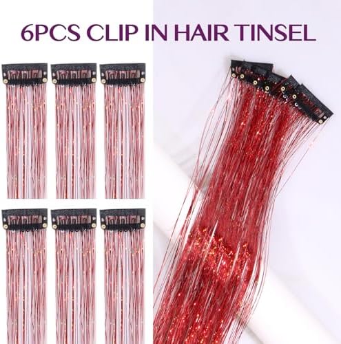 IDN BEAUTY Hair Tinsel Clip In Red Sparkle Hair Extensions 24 Inch 6pcs - Image 2