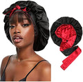 Satin Bonnet Silk Sleep Cap Hair Bonnets for Black Women Stretchy Tie Band for Curly Hair Wrap(Black+Red) by CHLINS