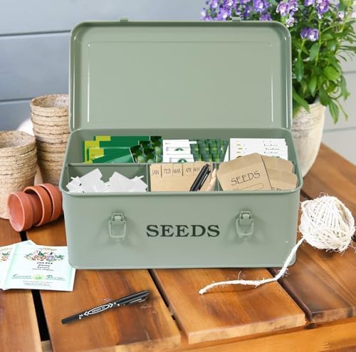 Seed Storage Organizer, 4 Compartment Seed Storage Box with Safety Lock, Metal Seed Box Container with 2 Pens, 20 Plant Labels and 50 Seed Envelopes for Seed Packet & Small Garden Tool, Green - Image 6