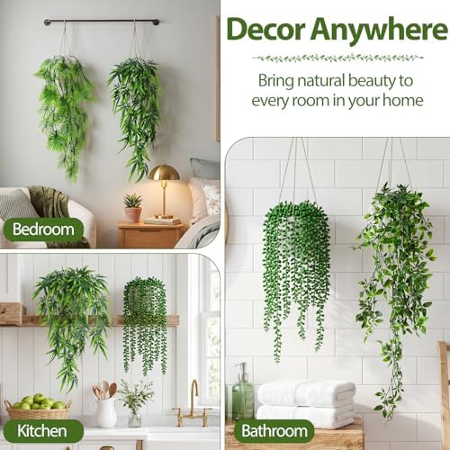 Daifunli 12 Pcs Artificial Hanging Plants Fake Hanging Ferns Plastic Fake Plant for Wall Room Garden Garland Indoor Outdoor Decor No Basket (Palm,Mandala,String of Pearls,Maple Leaf) - Image 5