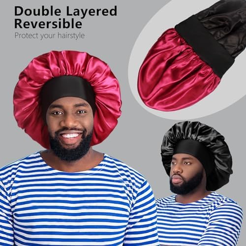 2pcs Bonnets for Men, Double Layer Hair Bonnet Satin Bonnet for Women Curly Hair Braids - Image 2